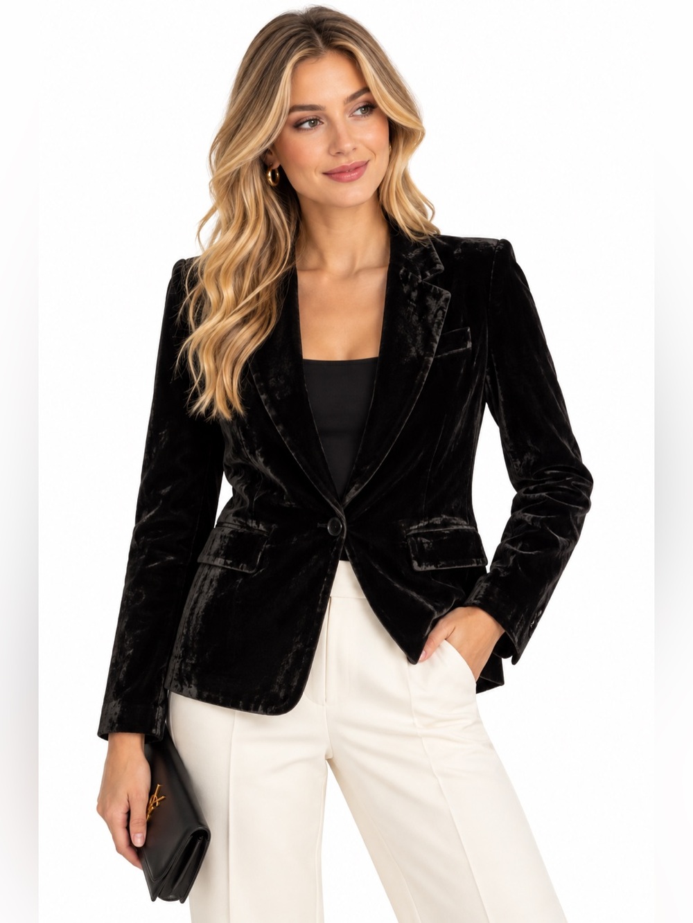 Velvet Single-Button Blazer Jacket - Black